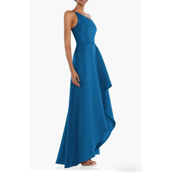 NEW Alfred Sung One Shoulder Satin Gown Classic Blue - Picture 3 of 13